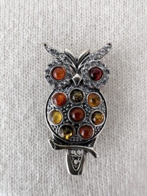 Broche Hibou argent sterling et véritable ambre naturel baltique0