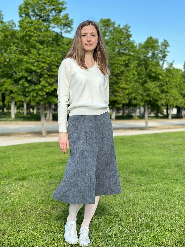 Jupe longue plissée femme taille élastique en laine gris - Eva
