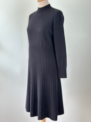 Wool black dress, merino wool and cashmere pleated mid-length dress Elena