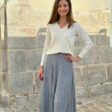 Vanessa long pleated knit skirt in light gray merino wool