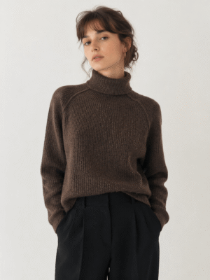 pull laine yak femme marron col roulé