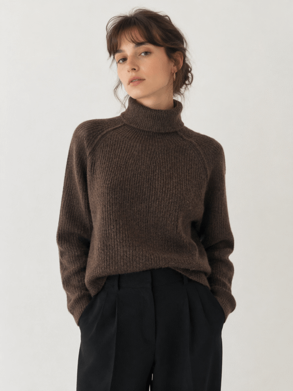 pull-laine-yak-femme-marron-face model pull laine yak femme marron col roulé