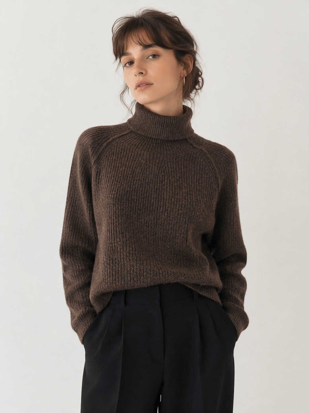 pull laine yak femme marron col roulé